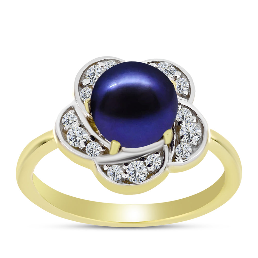 Anillo de Plata Bañada en Oro con Perla Negra Cultivada de Agua Dulce y Topacio Blanco