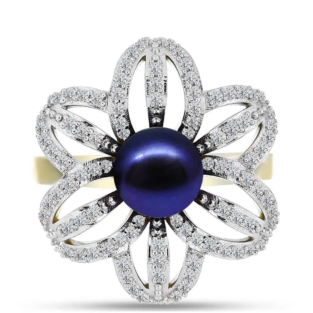 Anillo de Plata Bañada en Oro con Perla Negra Cultivada de Agua Dulce y Topacio Blanco