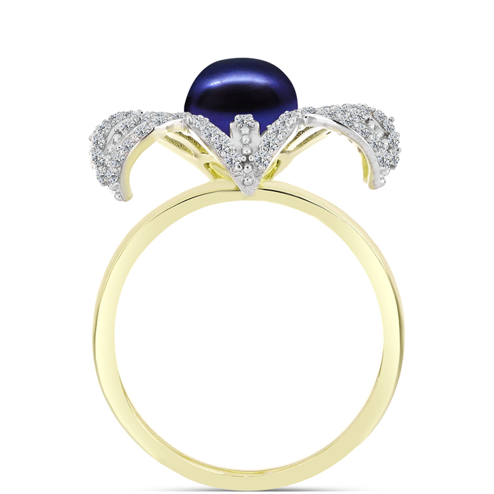 Anillo de Plata Bañada en Oro con Perla Negra Cultivada de Agua Dulce y Topacio Blanco