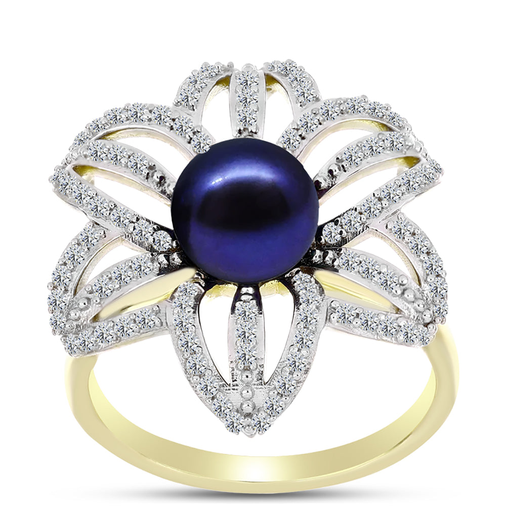 Anillo de Plata Bañada en Oro con Perla Negra Cultivada de Agua Dulce y Topacio Blanco 3 
