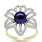 Anillo de Plata Bañada en Oro con Perla Negra Cultivada de Agua Dulce y Topacio Blanco