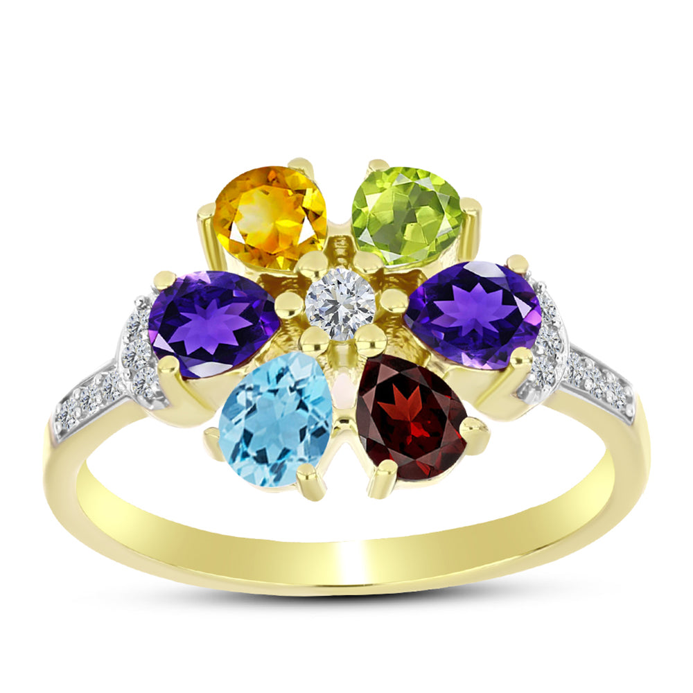 Anillo de Plata Bañada en Oro con Granate Barton y Amatista de Marruecos