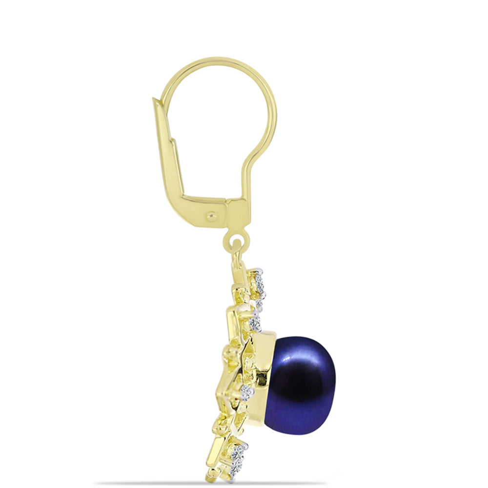 Pendientes de Plata Bañada en Oro con Perla Negra Cultivada de Agua Dulce y Topacio Blanco 2 