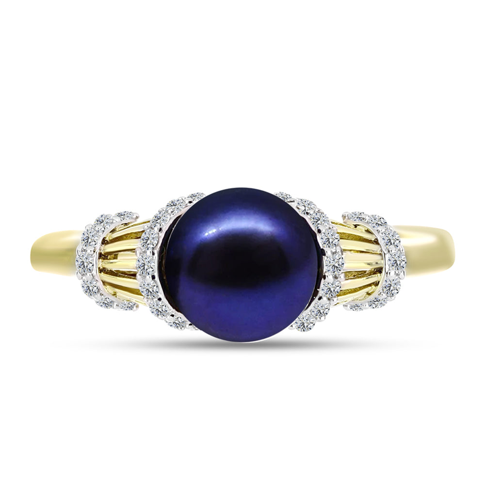 Anillo de Plata Bañada en Oro con Perla Negra Cultivada de Agua Dulce y Topacio Blanco
