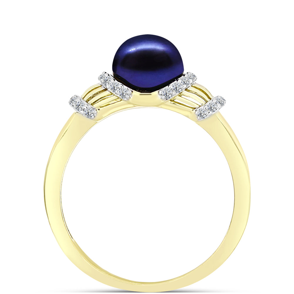 Anillo de Plata Bañada en Oro con Perla Negra Cultivada de Agua Dulce y Topacio Blanco