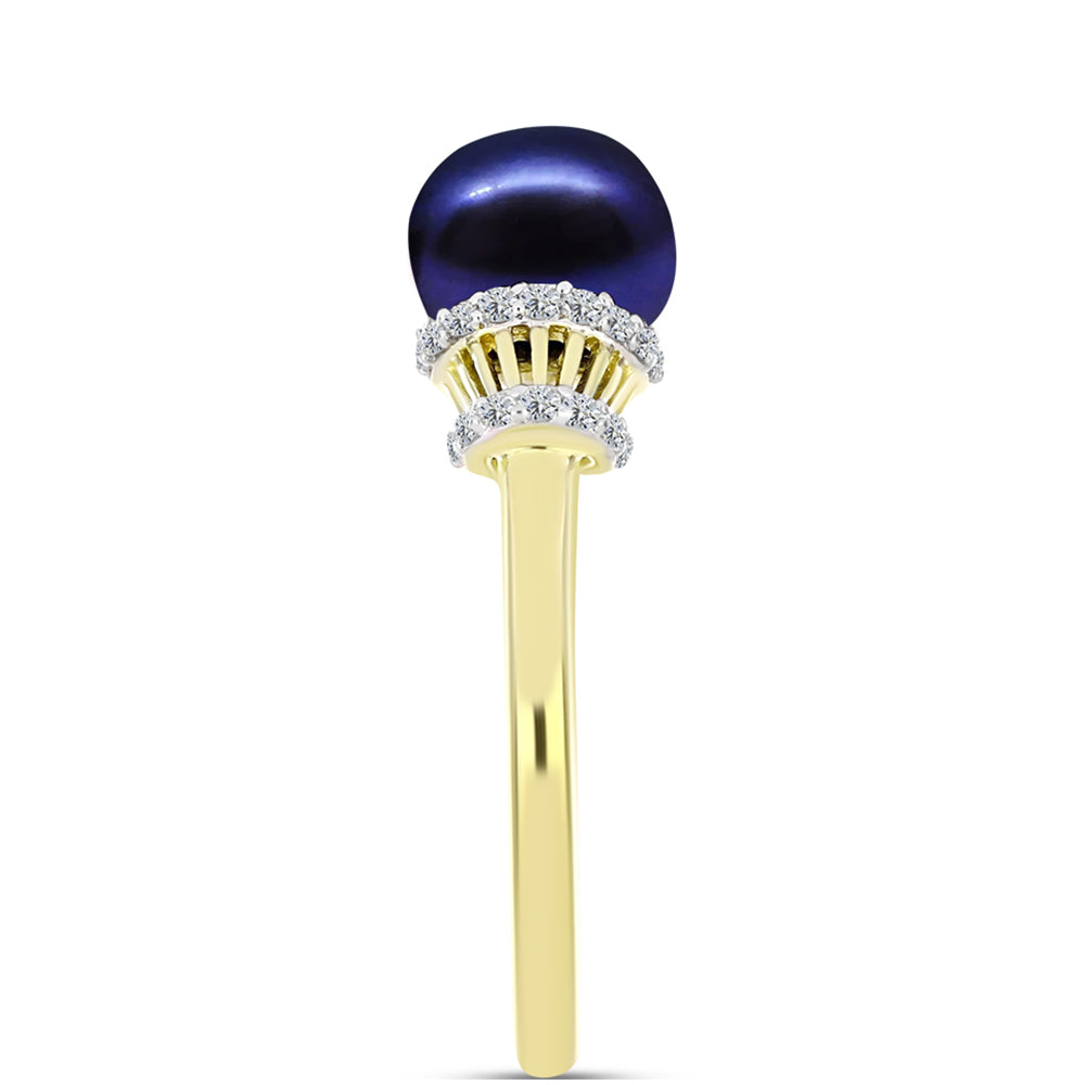 Anillo de Plata Bañada en Oro con Perla Negra Cultivada de Agua Dulce y Topacio Blanco