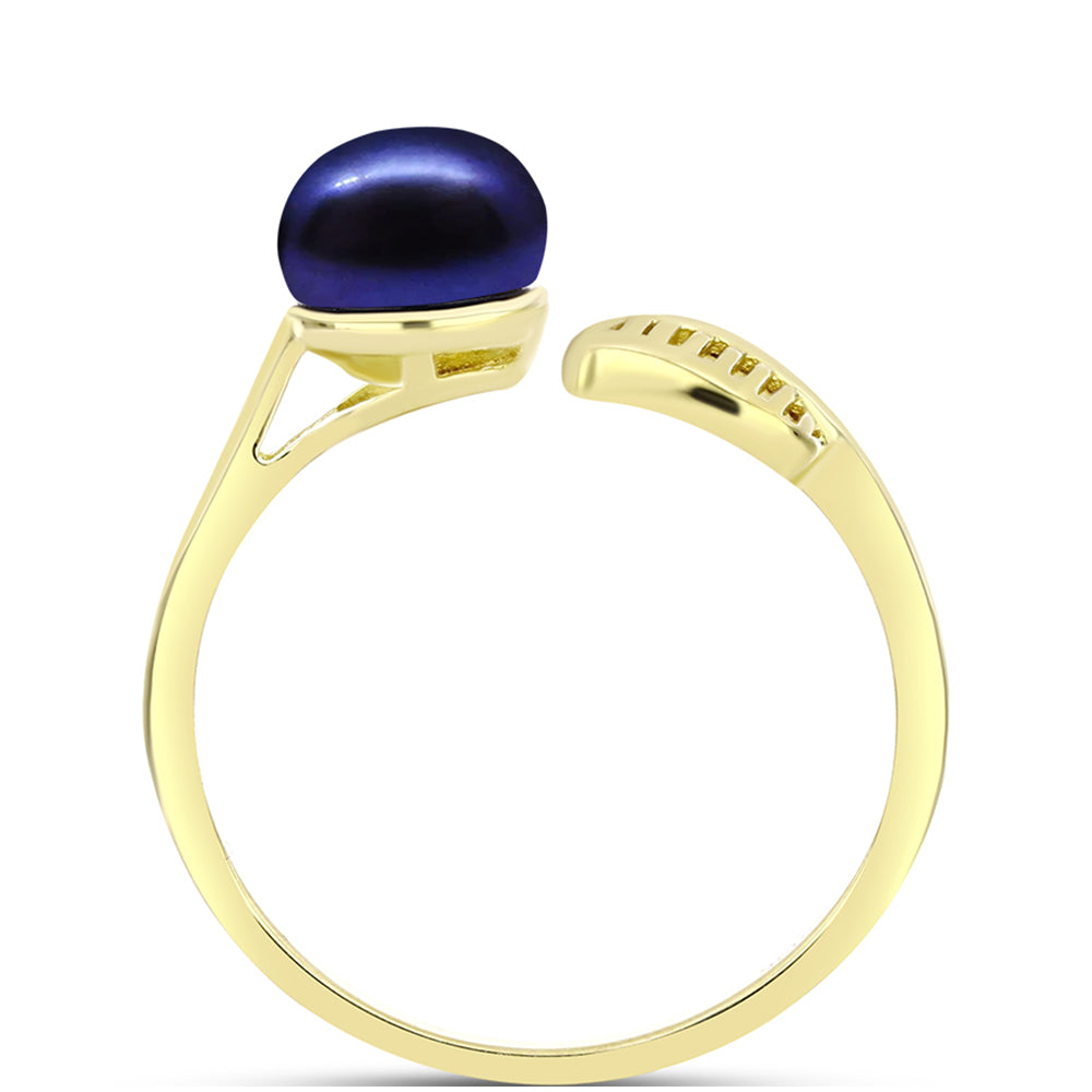 Anillo de Plata Bañada en Oro con Perla Negra Cultivada de Agua Dulce y Topacio Blanco
