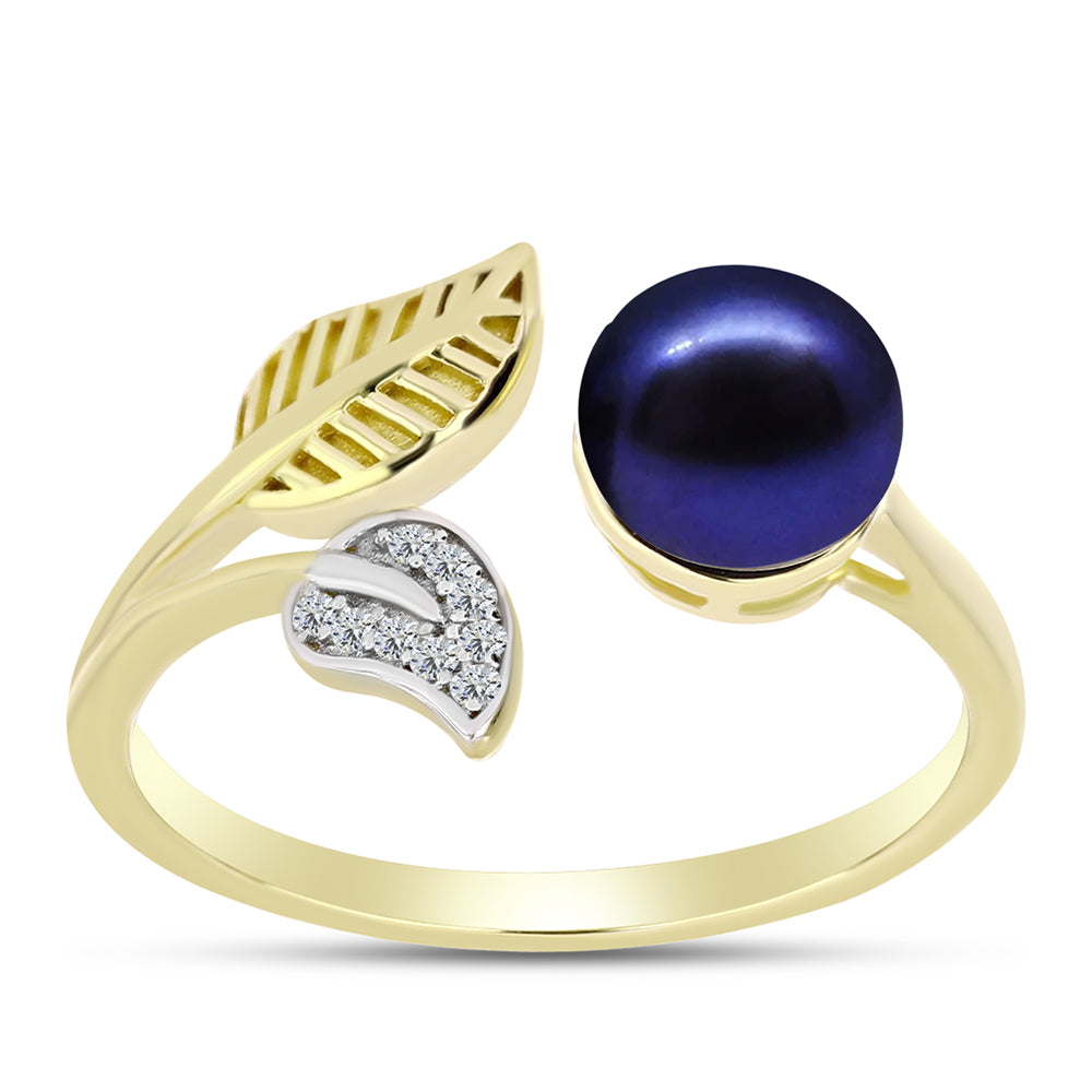 Anillo de Plata Bañada en Oro con Perla Negra Cultivada de Agua Dulce y Topacio Blanco 3 