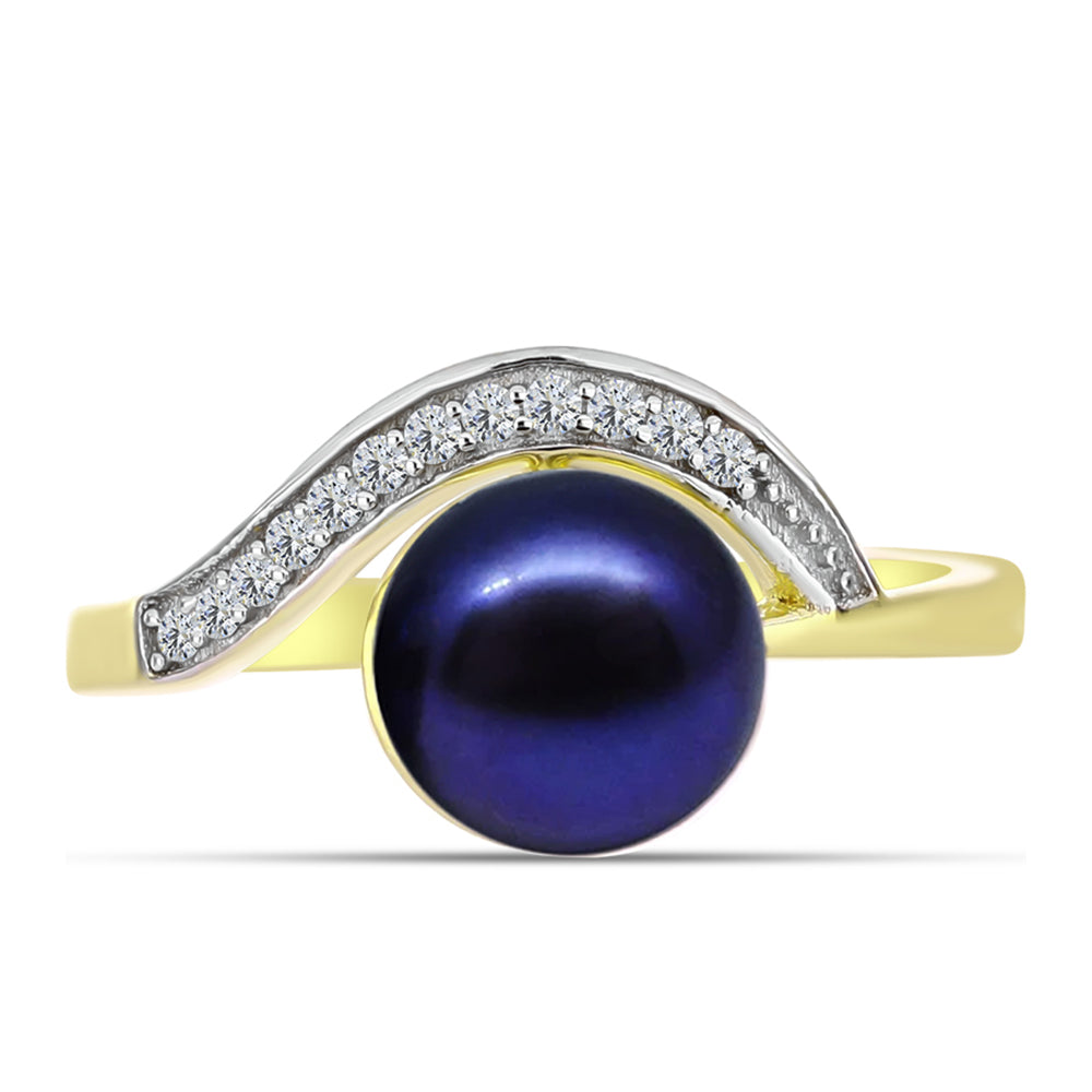 Anillo de Plata Bañada en Oro con Perla Negra Cultivada de Agua Dulce y Topacio Blanco