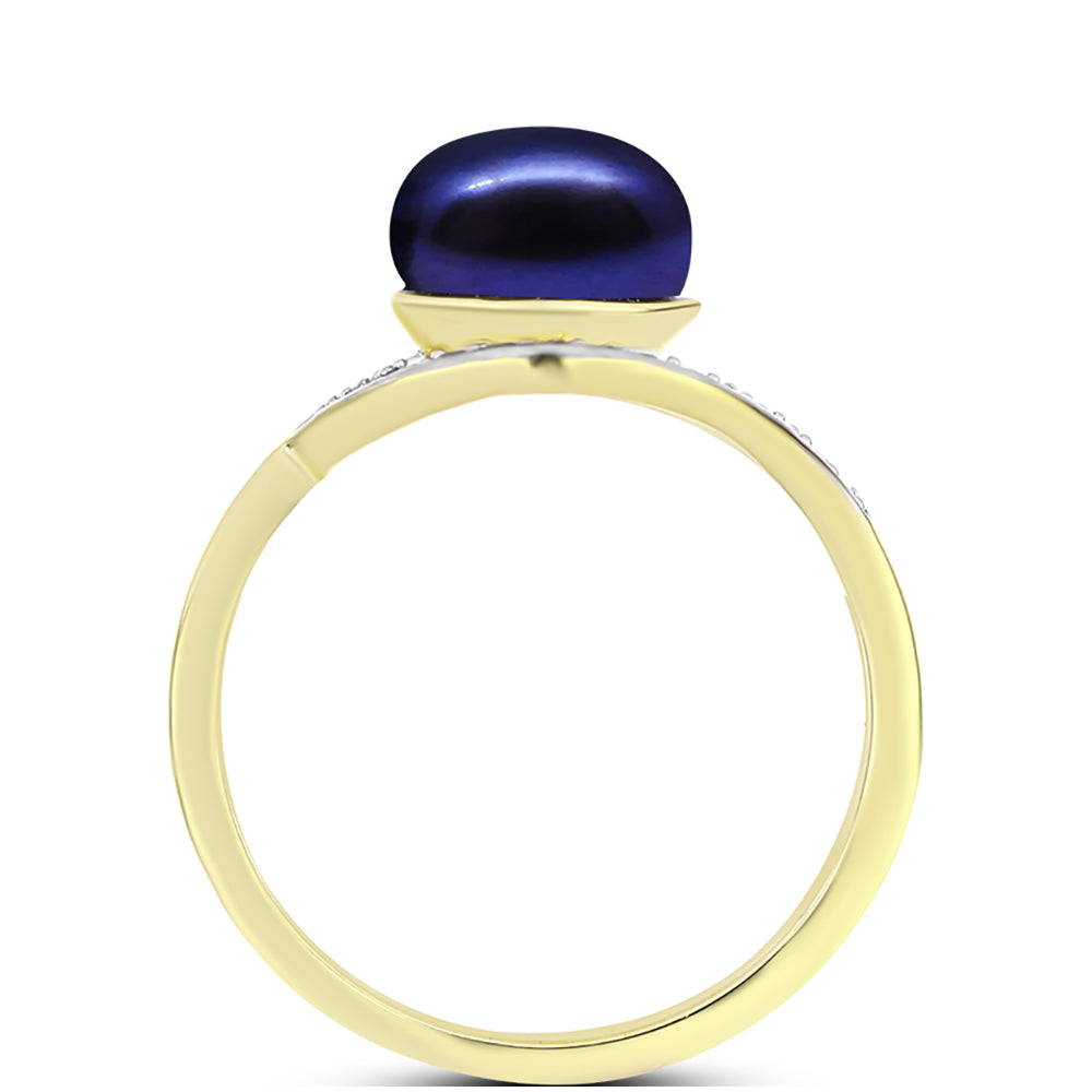 Anillo de Plata Bañada en Oro con Perla Negra Cultivada de Agua Dulce y Topacio Blanco 2 