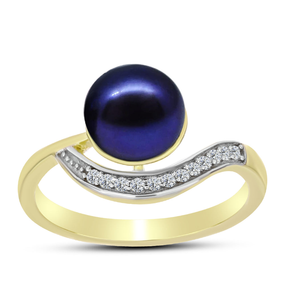 Anillo de Plata Bañada en Oro con Perla Negra Cultivada de Agua Dulce y Topacio Blanco