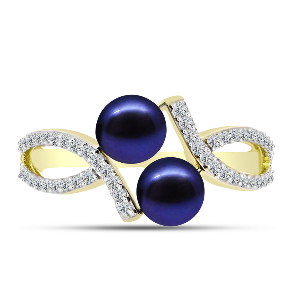 Anillo de Plata Bañada en Oro con Perla Negra Cultivada de Agua Dulce y Topacio Blanco