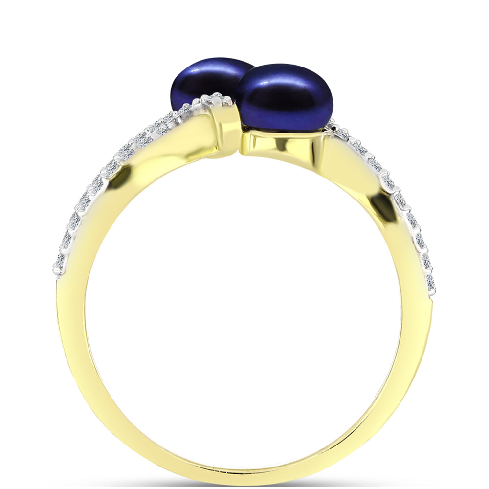 Anillo de Plata Bañada en Oro con Perla Negra Cultivada de Agua Dulce y Topacio Blanco 2 