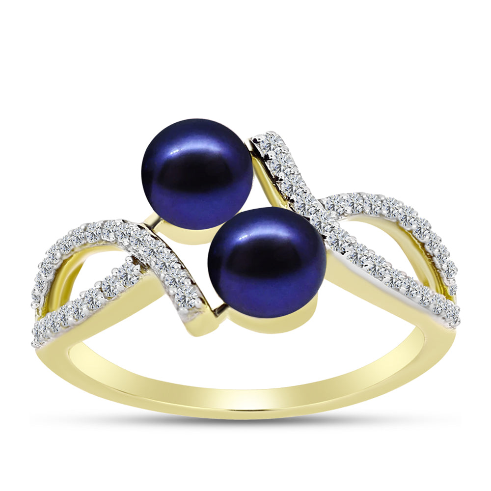 Anillo de Plata Bañada en Oro con Perla Negra Cultivada de Agua Dulce y Topacio Blanco 3 