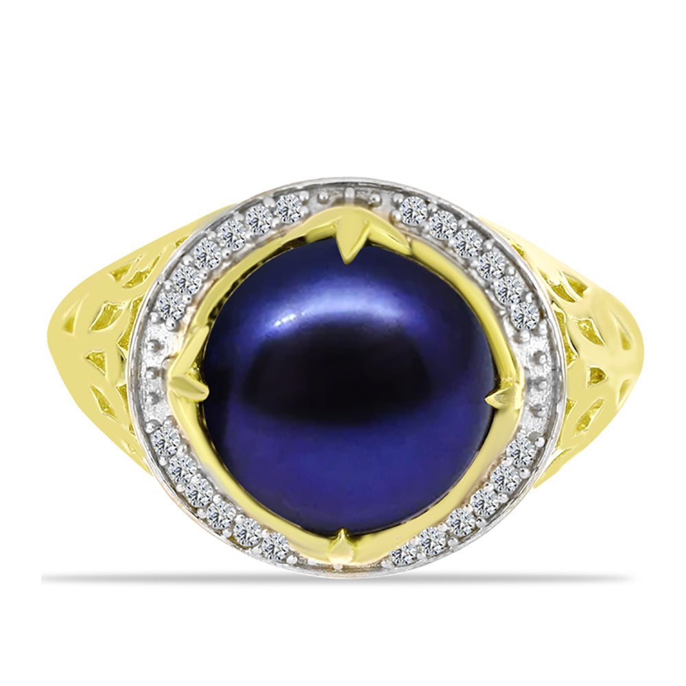 Anillo de Plata Bañada en Oro con Perla Negra Cultivada de Agua Dulce y Topacio Blanco