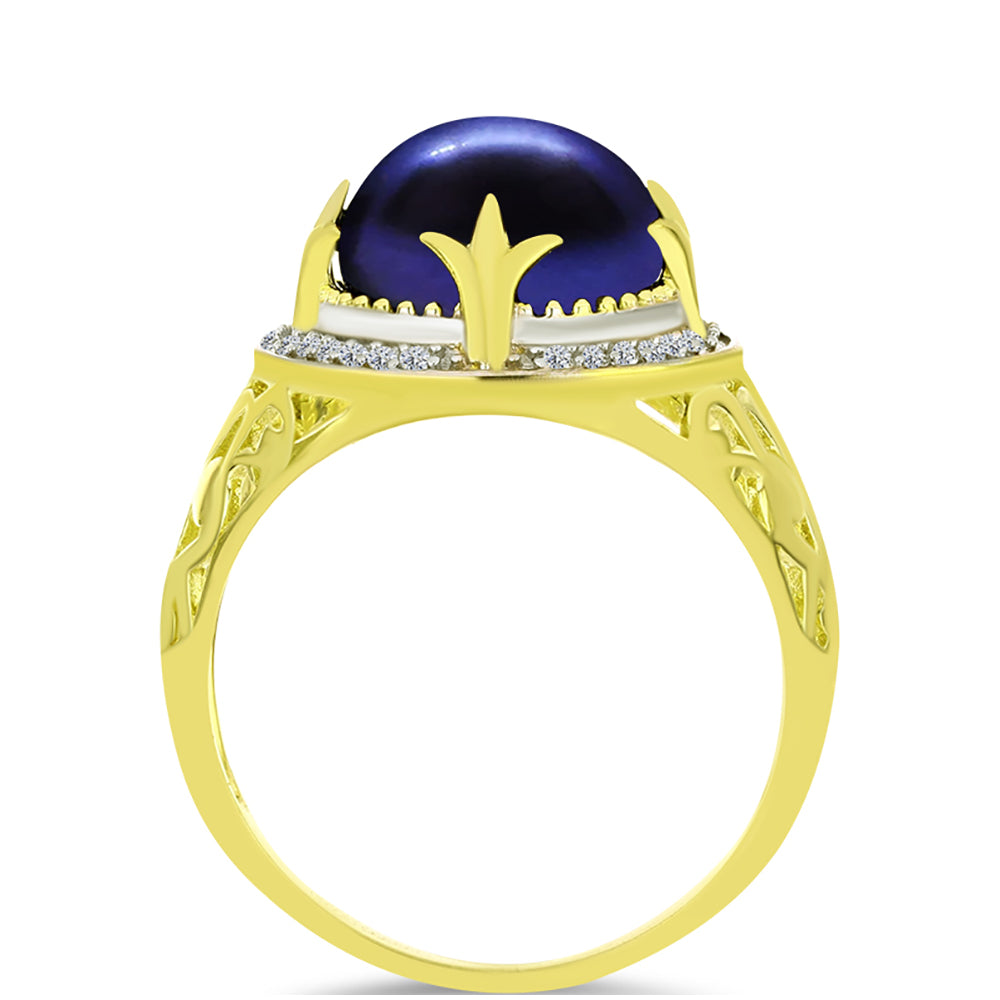 Anillo de Plata Bañada en Oro con Perla Negra Cultivada de Agua Dulce y Topacio Blanco 2 