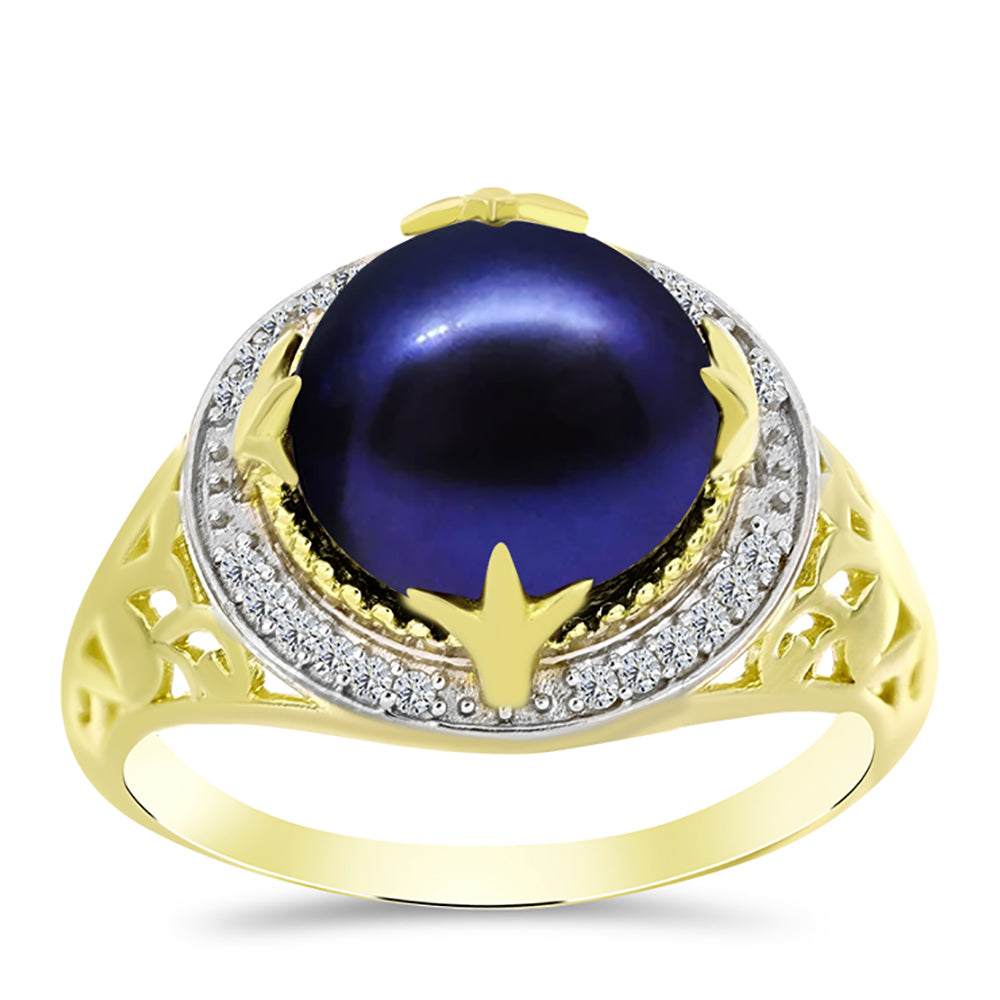 Anillo de Plata Bañada en Oro con Perla Negra Cultivada de Agua Dulce y Topacio Blanco 3 