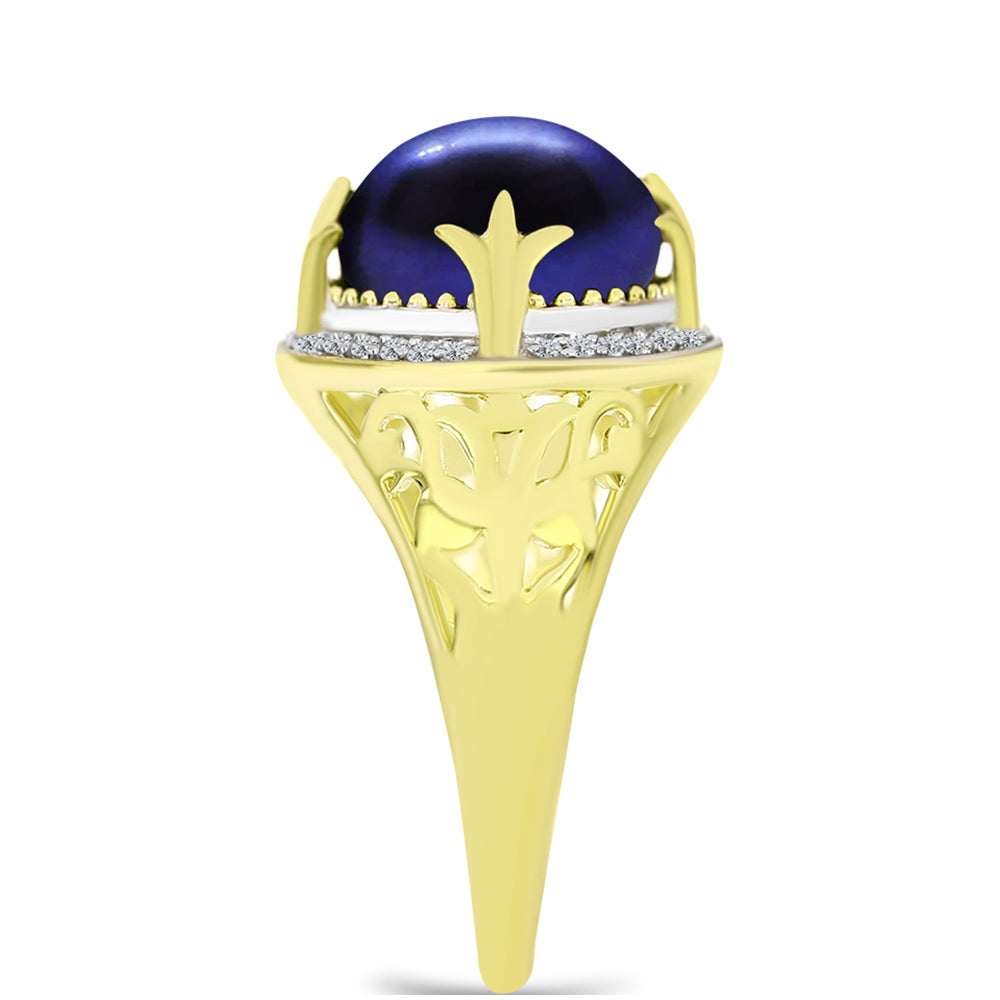Anillo de Plata Bañada en Oro con Perla Negra Cultivada de Agua Dulce y Topacio Blanco 4 