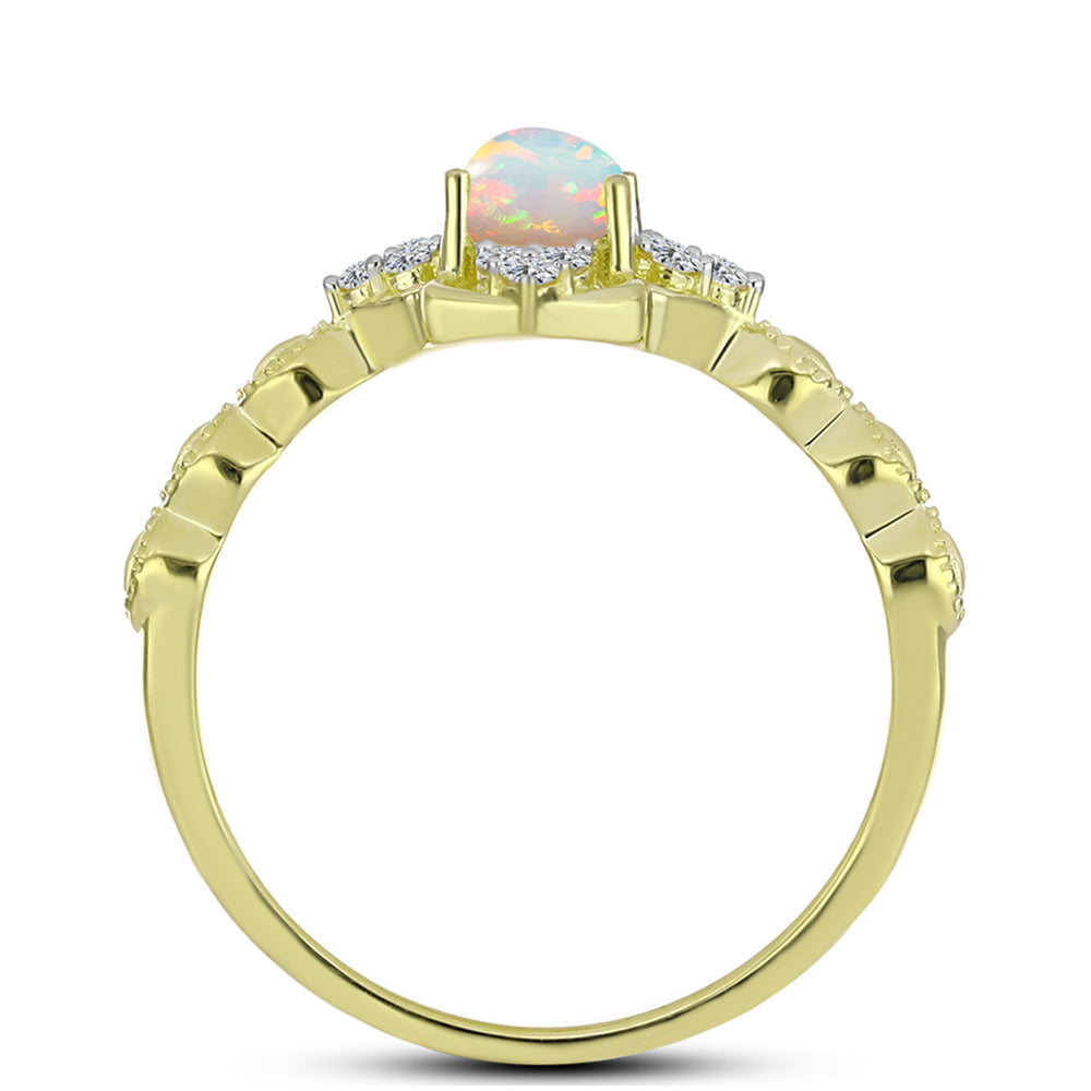 Anillo de Plata Bañada en Oro con Ópalo Welo y Topacio Blanco 2 