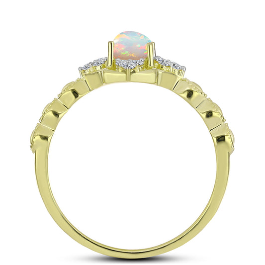 Anillo de Plata Bañada en Oro con Ópalo Welo y Topacio Blanco