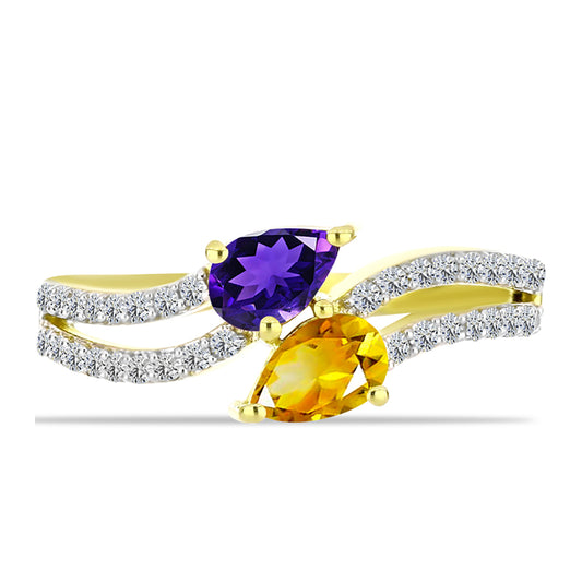 Anillo de Plata Bañada en Oro con Amatista de Marruecos y Citrino de los Montes Urales