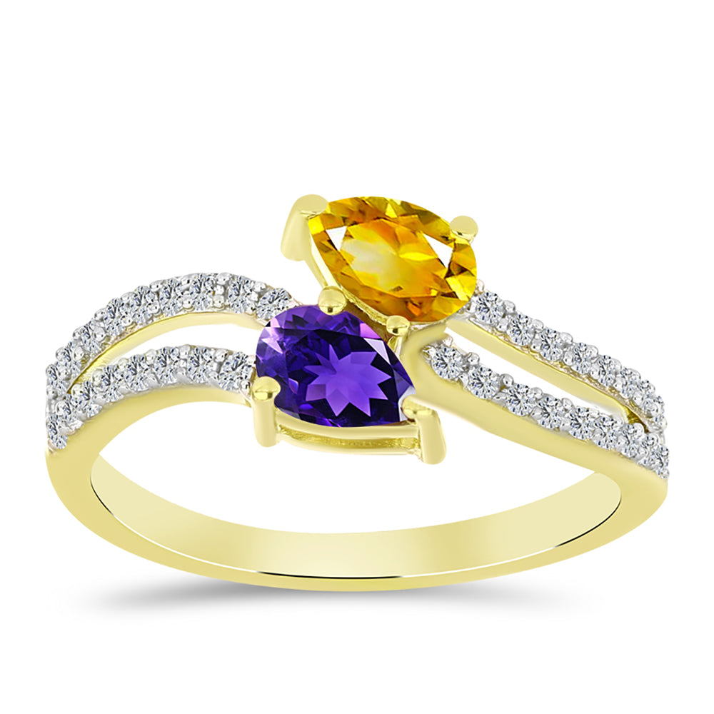 Anillo de Plata Bañada en Oro con Amatista de Marruecos y Citrino de los Montes Urales
