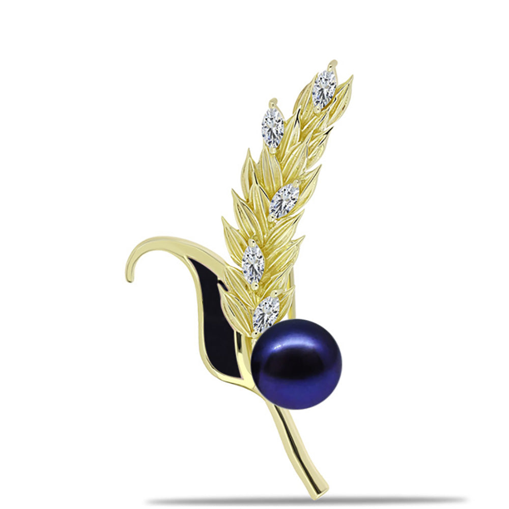 Broche de Plata Bañada en Oro con Perla Negra Cultivada de Agua Dulce y Topacio Blanco 2 