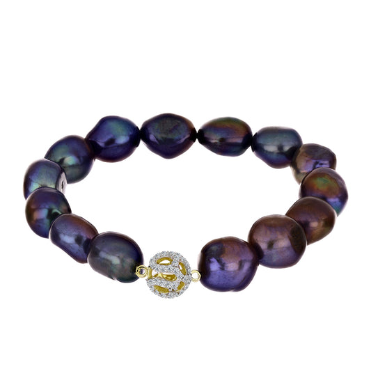 Pulsera de Plata Bañada en Oro con Perla Negra Cultivada de Agua Dulce y Topacio Blanco