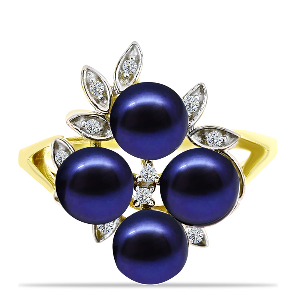 Anillo de Plata Bañada en Oro con Perla Negra Cultivada de Agua Dulce y Topacio Blanco 1 