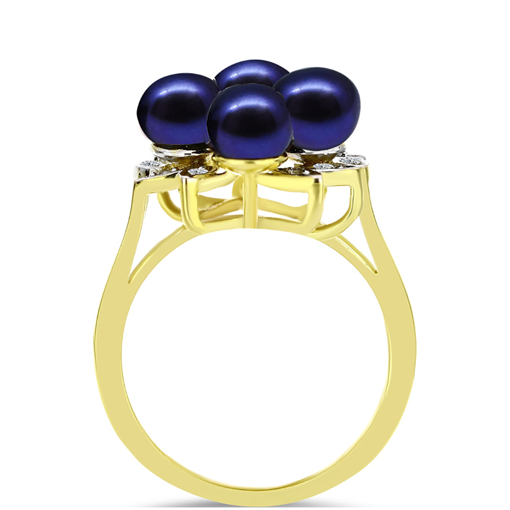 Anillo de Plata Bañada en Oro con Perla Negra Cultivada de Agua Dulce y Topacio Blanco