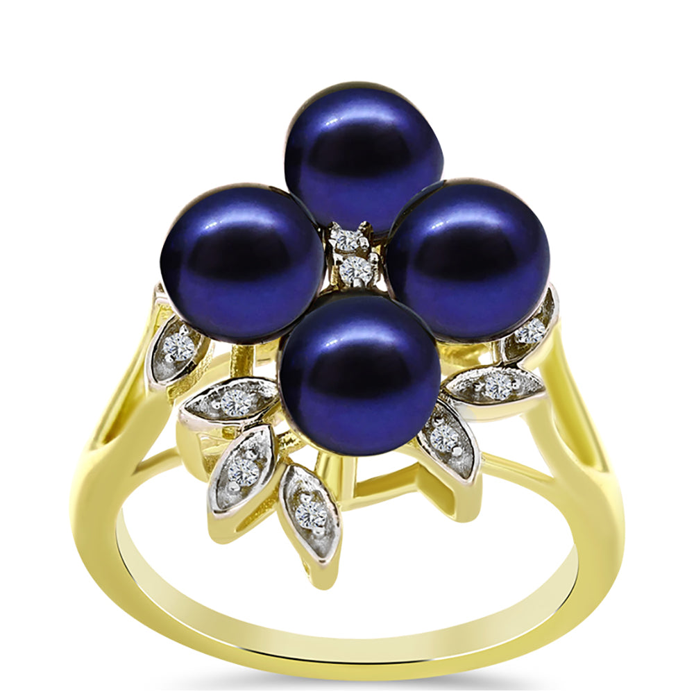 Anillo de Plata Bañada en Oro con Perla Negra Cultivada de Agua Dulce y Topacio Blanco 3 