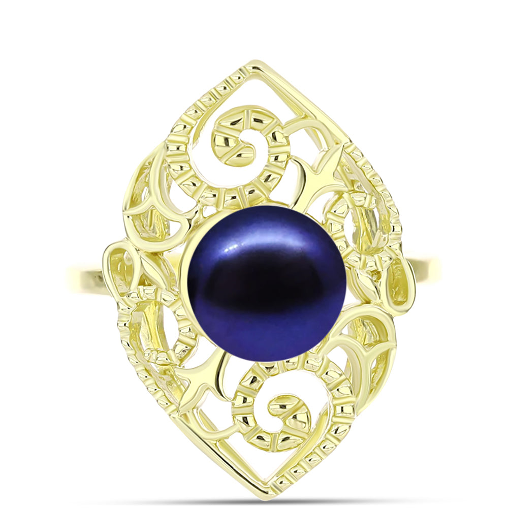 Anillo de Plata Bañada en Oro con Perla Negra Cultivada de Agua Dulce 1 