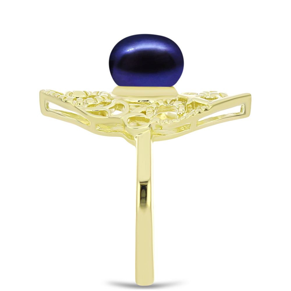 Anillo de Plata Bañada en Oro con Perla Negra Cultivada de Agua Dulce 4 