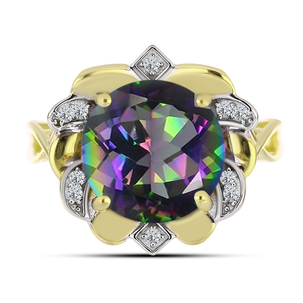 Anillo de Plata Bañada en Oro con Topacio Verde Místico y Topacio Blanco 1 