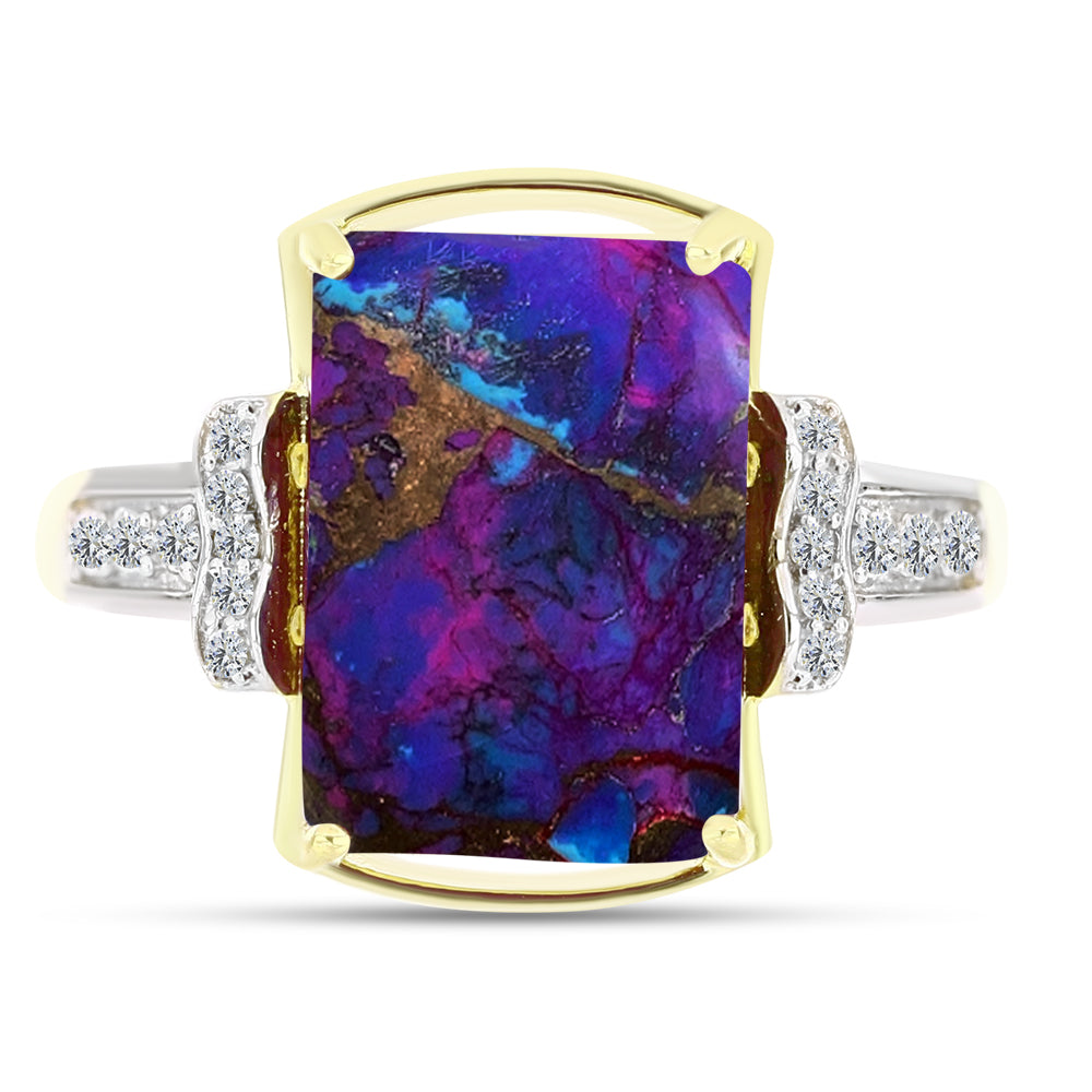 Anillo de Plata Bañada en Oro con Turquesa Cobre Morada y Topacio Blanco