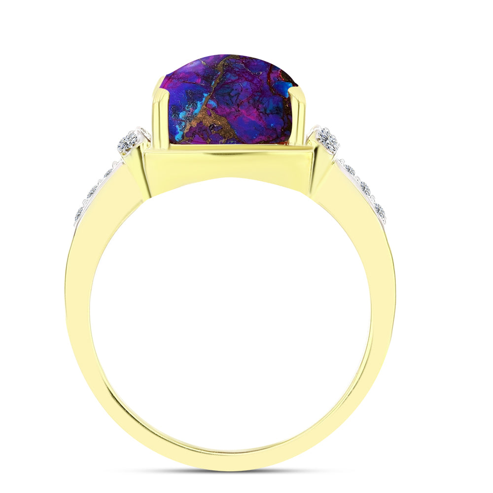 Anillo de Plata Bañada en Oro con Turquesa Cobre Morada y Topacio Blanco
