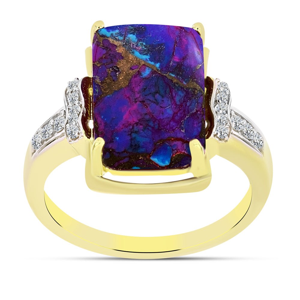 Anillo de Plata Bañada en Oro con Turquesa Cobre Morada y Topacio Blanco 3 