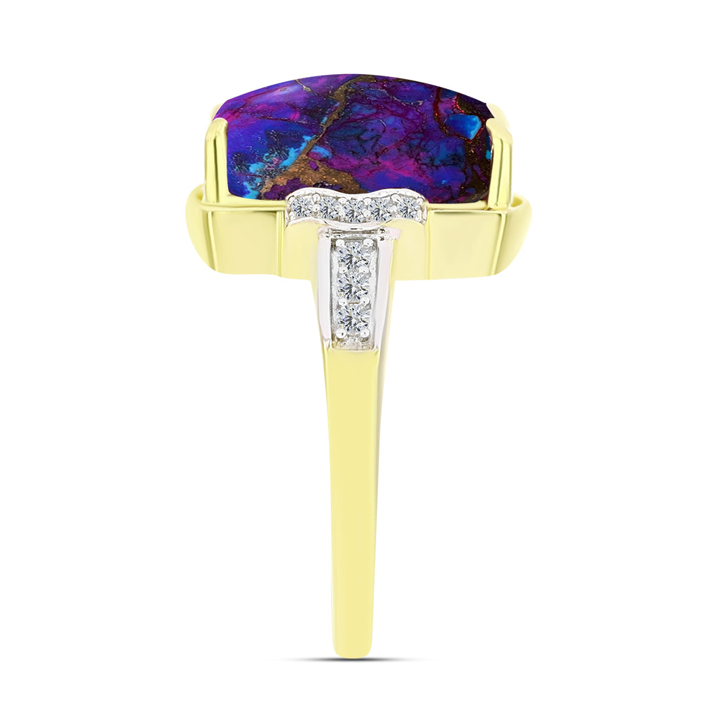 Anillo de Plata Bañada en Oro con Turquesa Cobre Morada y Topacio Blanco 4 