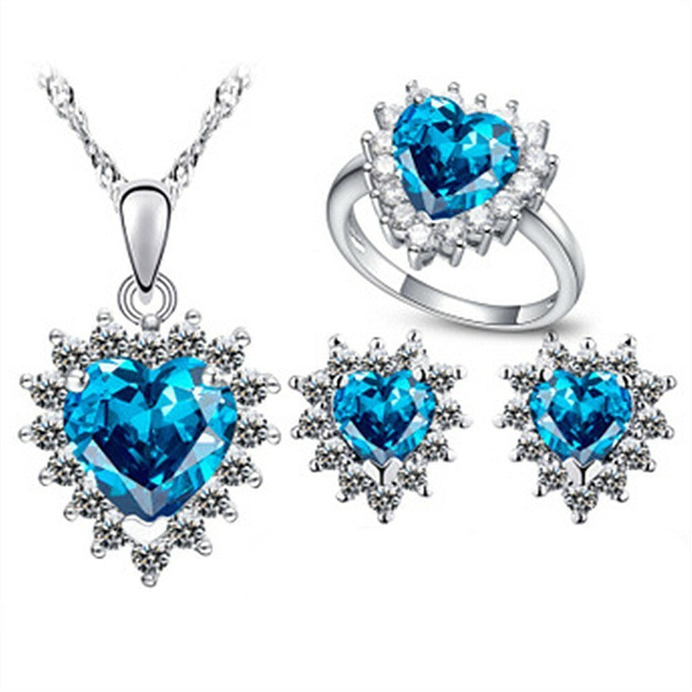 Conjunto de Aleación Bañado en Oro con Cristal Emporia® Azul y Cristal Emporia® Blanco ( Collar +Pendientes +Anillo +Colgante ) 1 