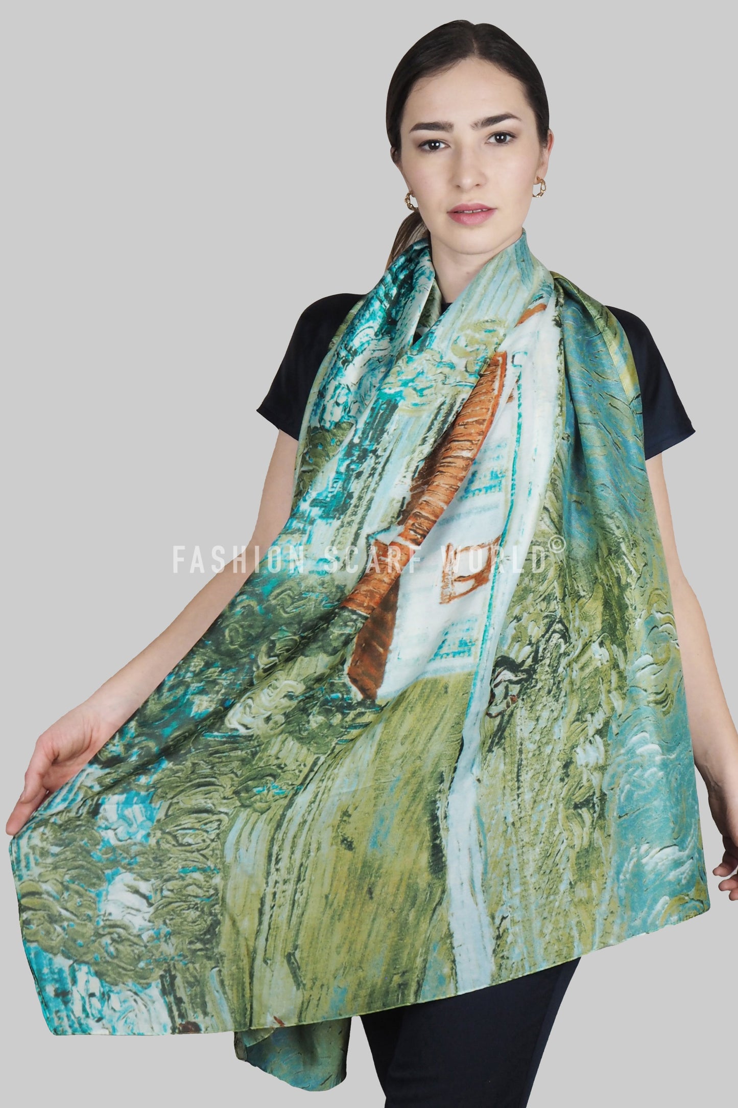 Bufanda de 100% seda auténtica, 90 cm x 180 cm, Verde