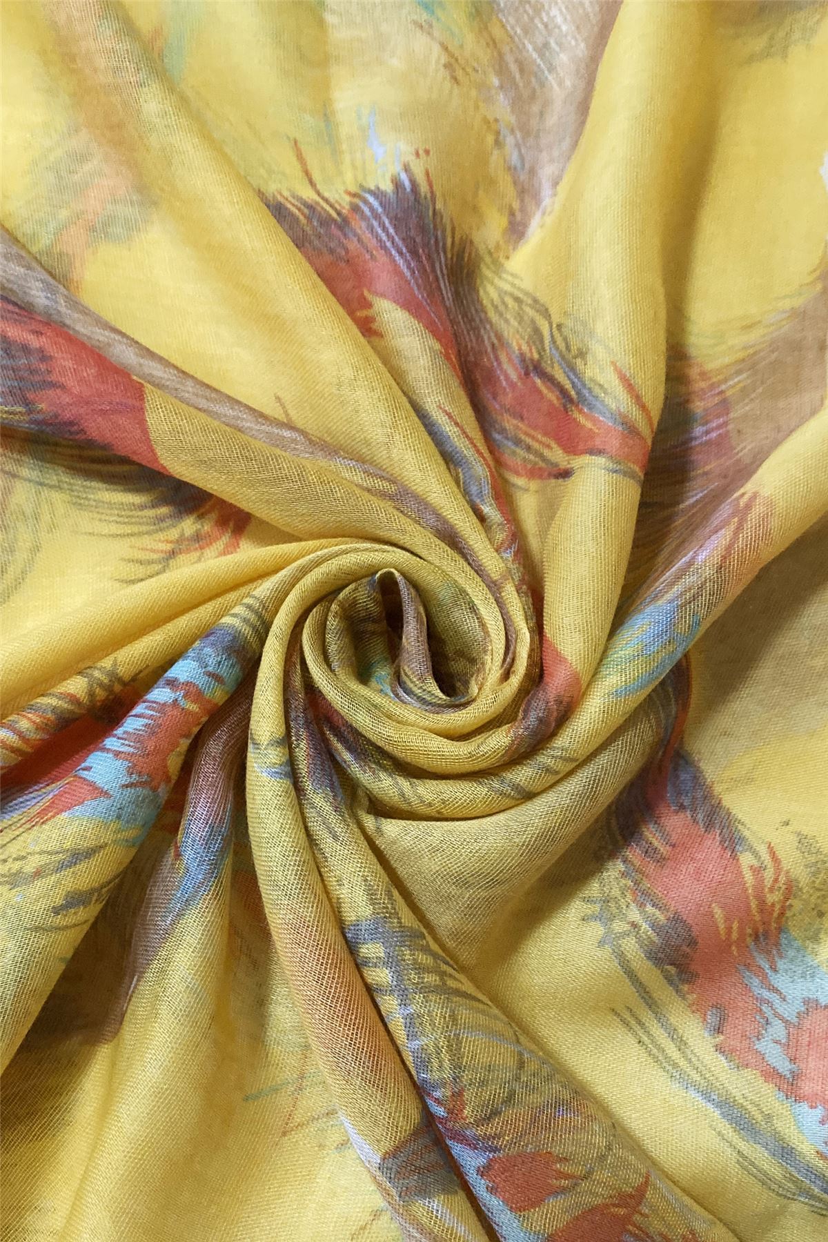 Bufanda-chal amarillo con estampado de plumas flotantes, 90 cm x 180 cm 3 