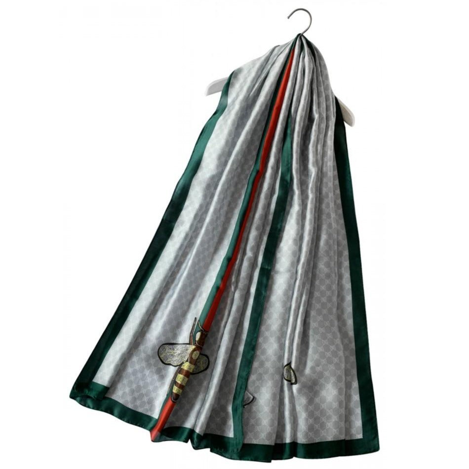 Bufanda-Mantón de Seda, 90 cm x 180 cm, Abeja de Moda con Borde, Gris Plata 1 