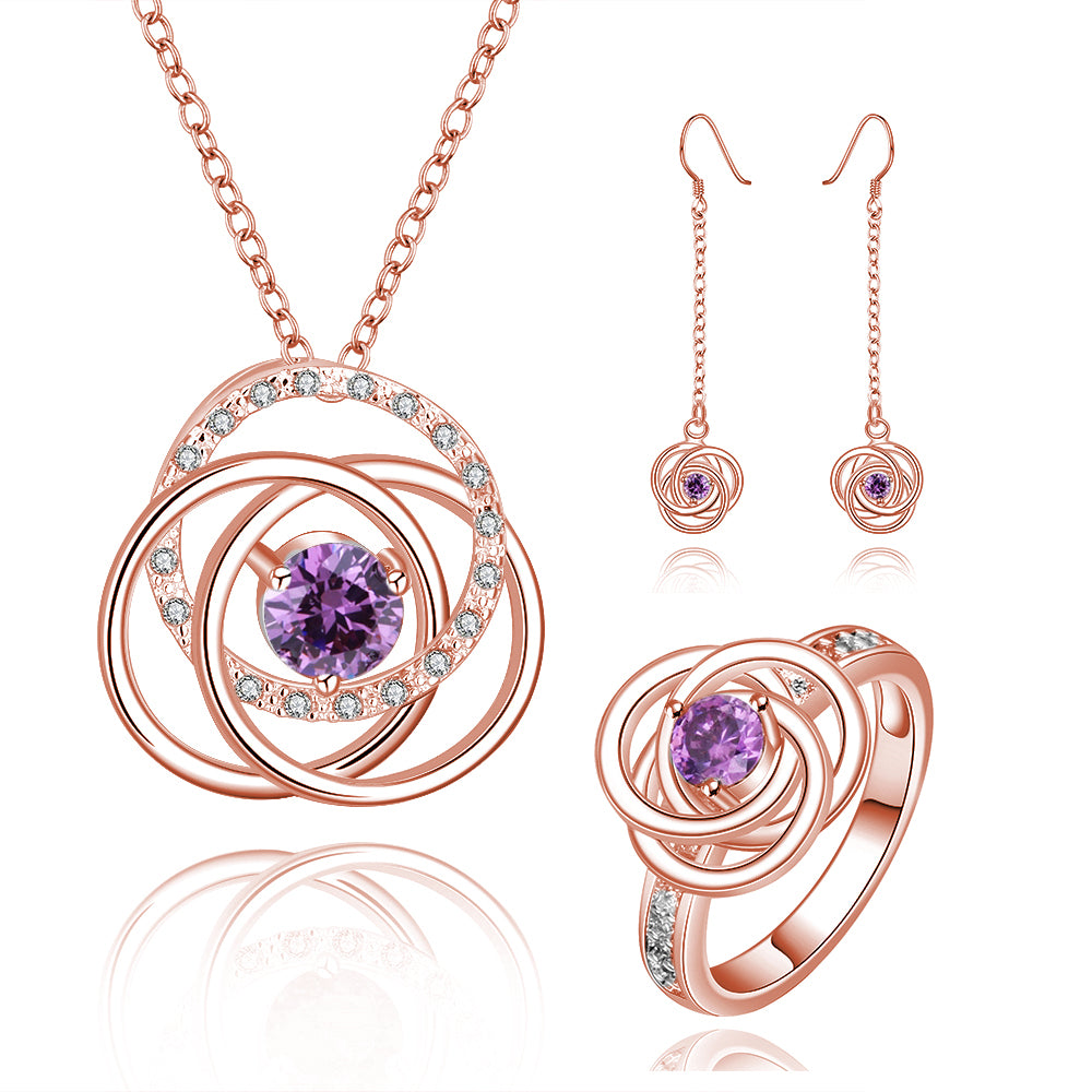 Conjunto de Aleación Bañado en Oro con Cristal Emporia® Púrpura ( Collar +Pendientes +Anillo ) 1 