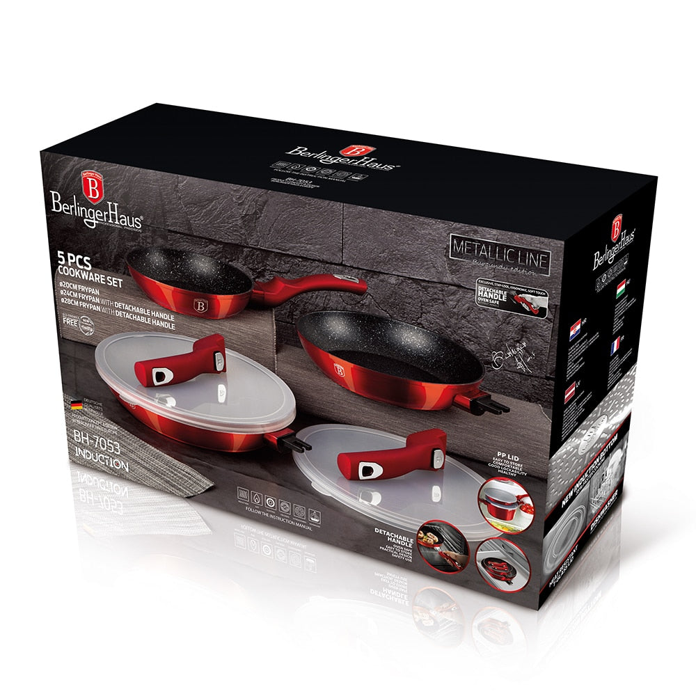 Berlinger Haus Set de 5 sartenes con asa desmontable, Metallic Line Burgundy Edition 2 