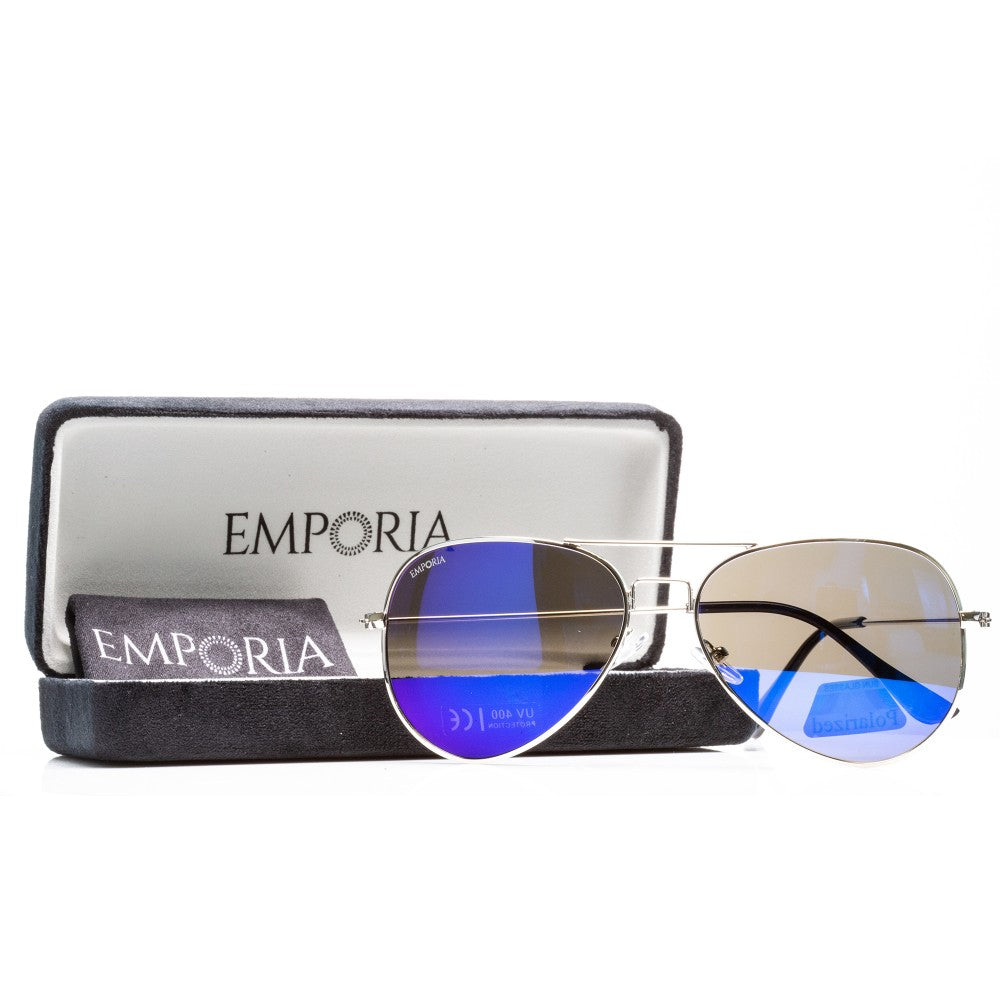 Emporia Italy - Gafas de sol de aviador "LAGUNA", gafas de sol polarizadas con filtro UV con estuche y paño de limpieza, lentes violeta azulado, montura plateada 1 