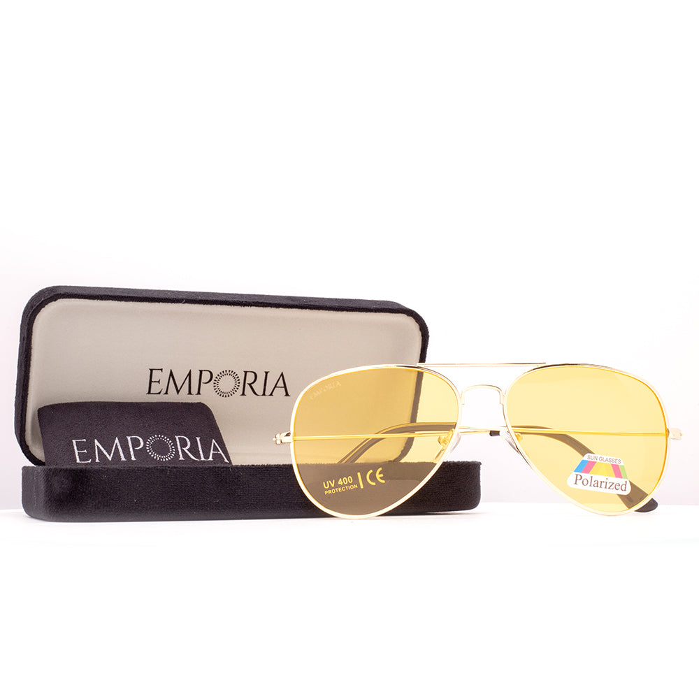 Emporia Italy - Gafas de sol piloto "HOLLYWOOD", gafas de sol polarizadas con filtro UV con estuche y paño de limpieza, lentes amarillas, montura dorada 1 Emporia Italy - Gafas de sol piloto "HOLLYWOOD", gafas de sol polarizadas con filtro UV con estuche y paño de limpieza, lentes amarillas, montura dorada