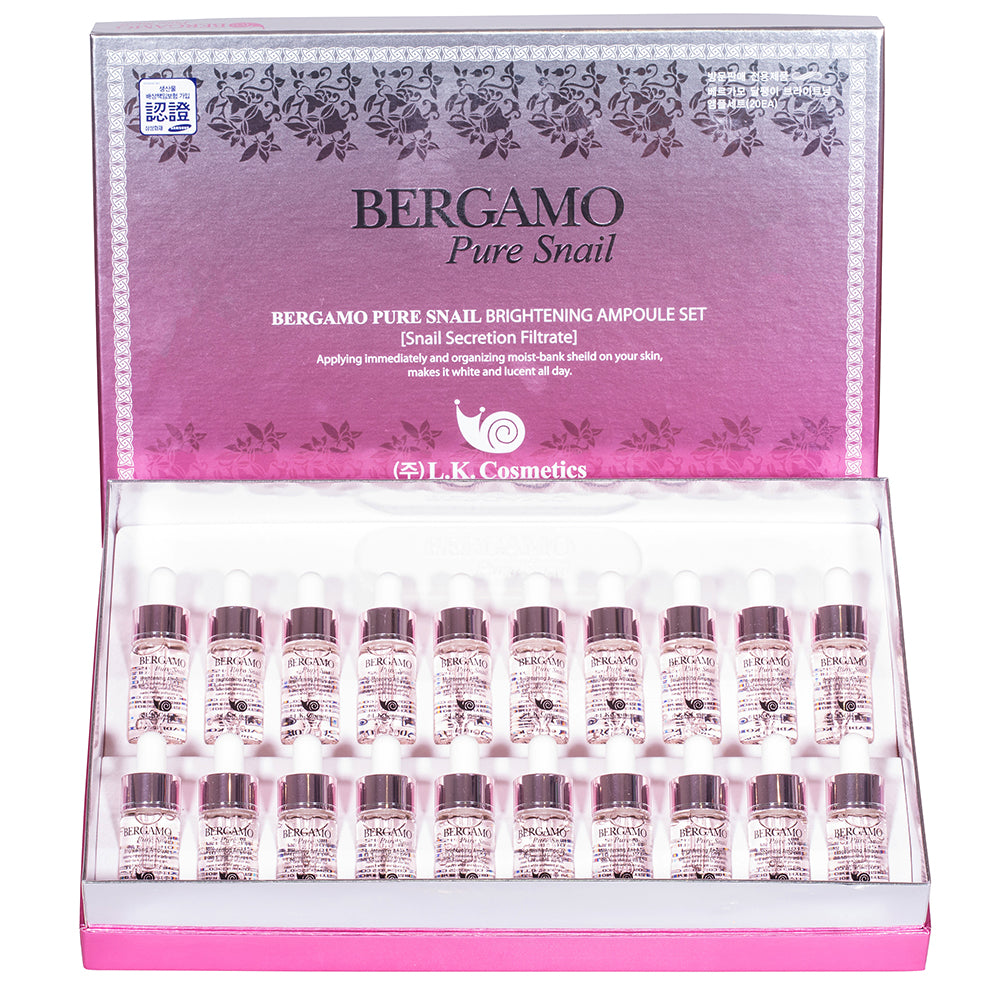 BERGAMO Pure Snail Ámpula Aclaradora. Set de 20 piezas, 20 x 13 ml