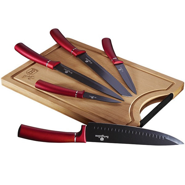 Juego de 6 cuchillos con tabla de cortar de bambú línea metalizada edición burdeos 1 