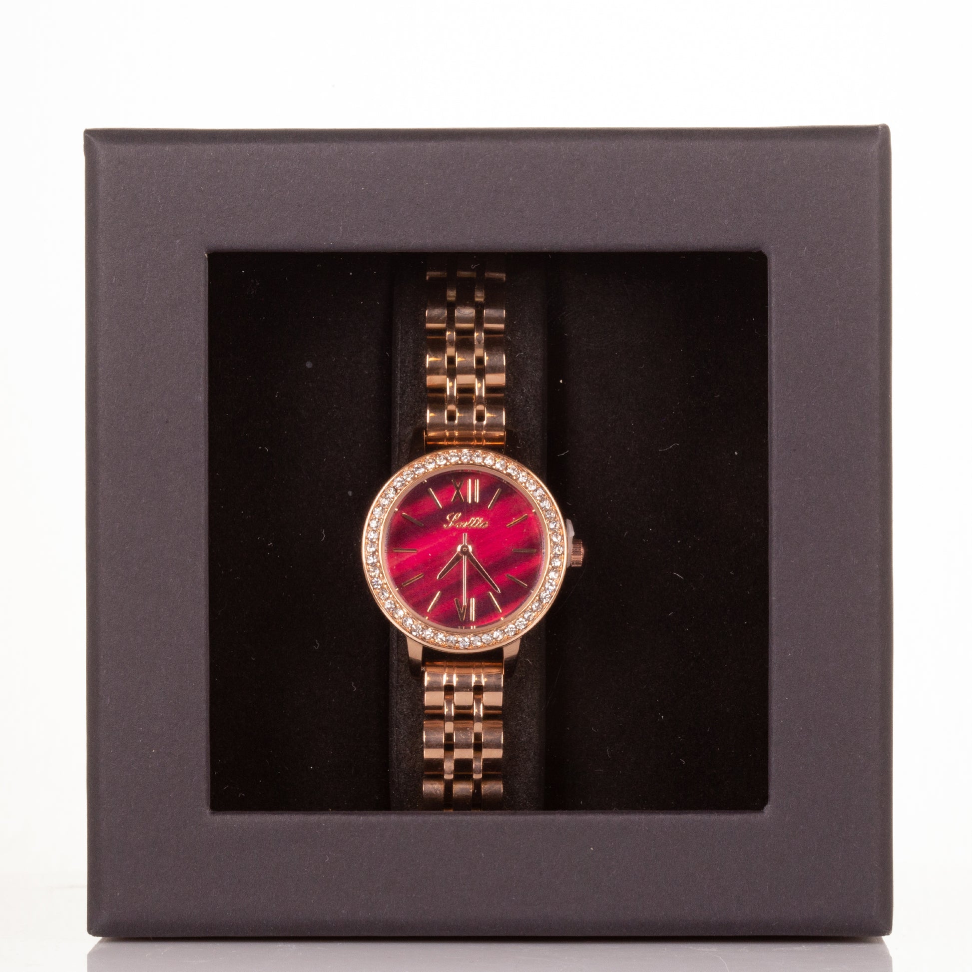 Reloj de aleación con movimiento Miyota de alta calidad con caja de regalo, esfera de color rojo rubí 3 