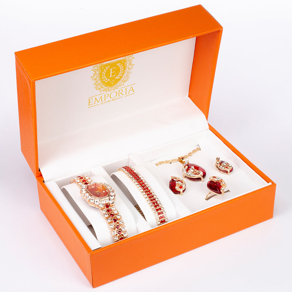 Reloj de Aleación Bañado en Oro con Cristal Emporia® Rojo (Collar +Pendientes +Pulsera +Colgante ) 1 